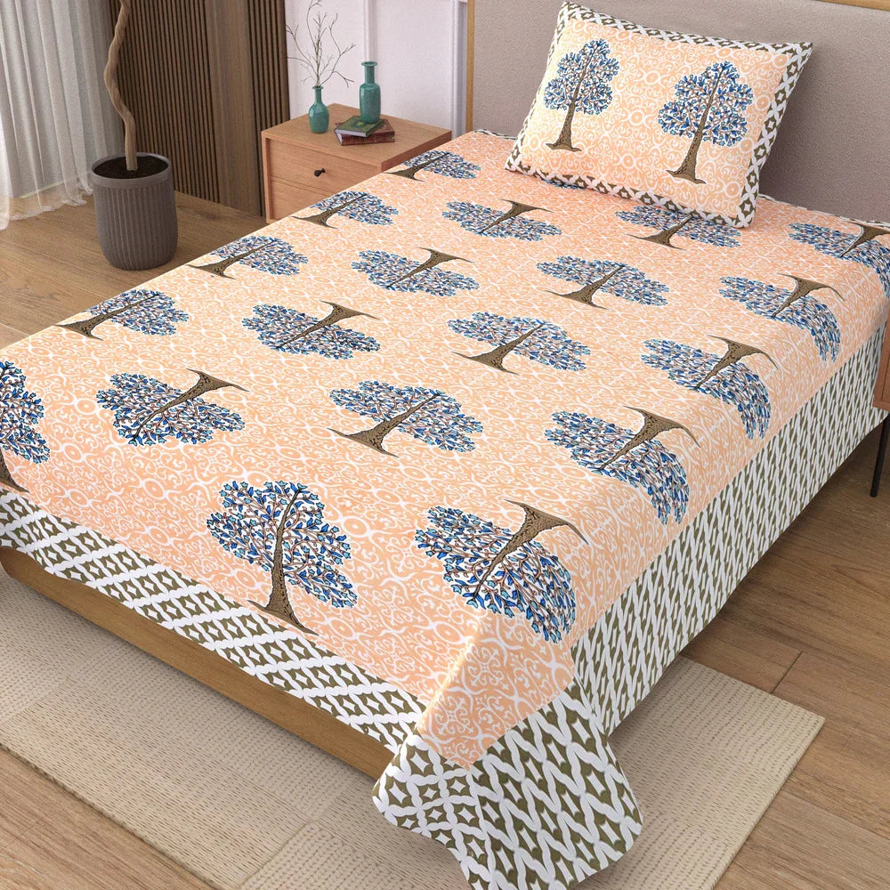 Jaipuri Cotton Single Bedsheet Set - Orange Floral Tree (70X100 inches)